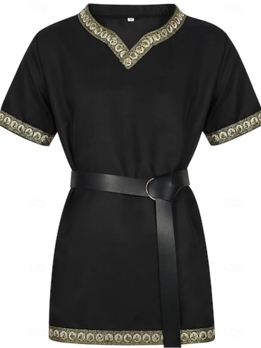 Black Embroidered V-Neck Belted Tunic Top